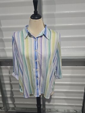 Alfred Dunner Pastel Striped Button-Down Shirt - Blue, Green, Purple,‎ White XL